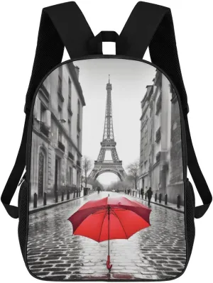 Casual Backpack for Men Women Waterproof Lightweight Daypack Travel Laptop Bag Eiffel Tower Paris Red Umbrella
