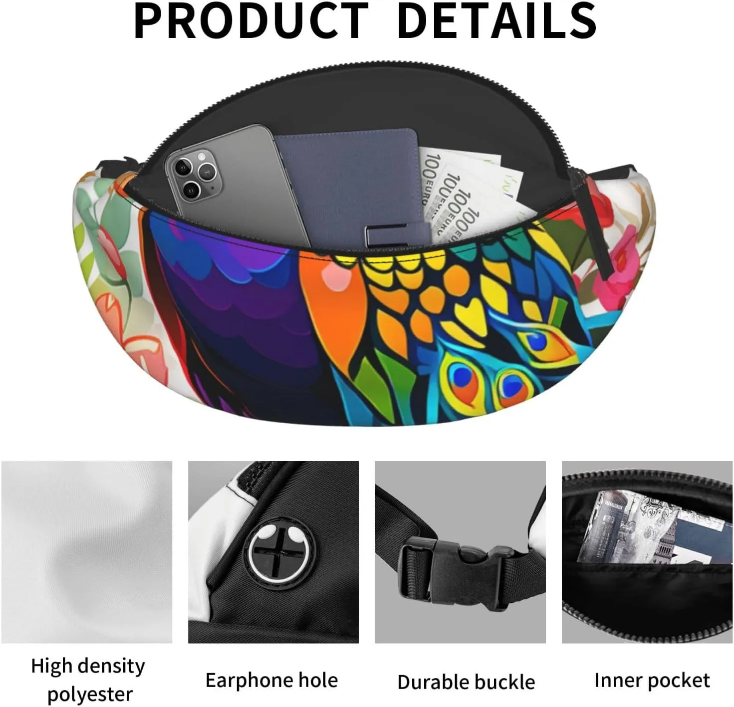 Casual Colorful Peacock Printed Fanny Pack,Crossbody Fanny packs for women Men Waist Bag for Running Travel