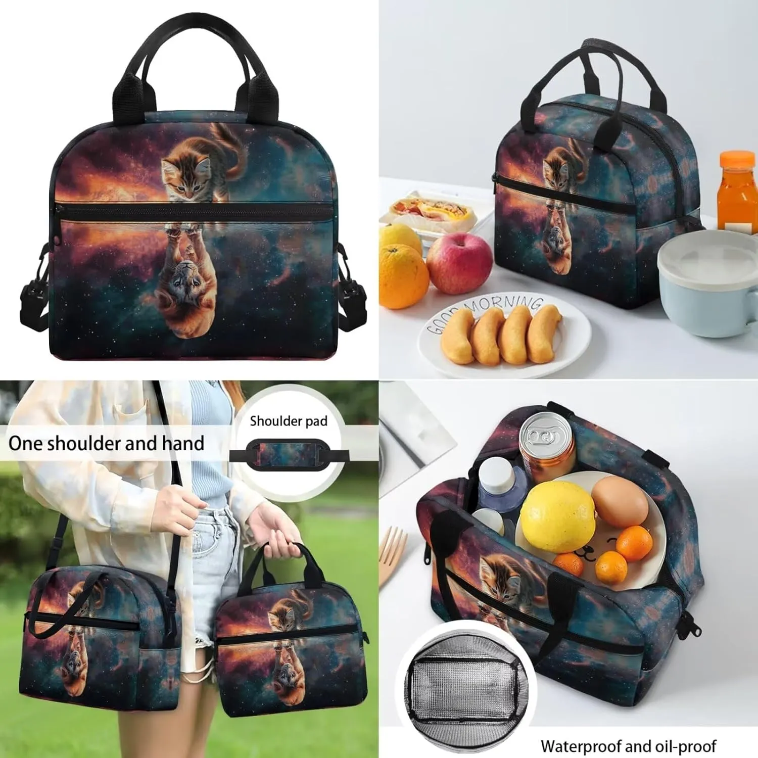 Cat Backpack and Lunch Box for Girls 6-8/8-12/10-12 Lion Kids Elementary School Bookbag with Lunch Bag Pencil Case Galaxy Space Book Bags 3PCS Back Pack Lunchbox Pencil Case Schoolbag