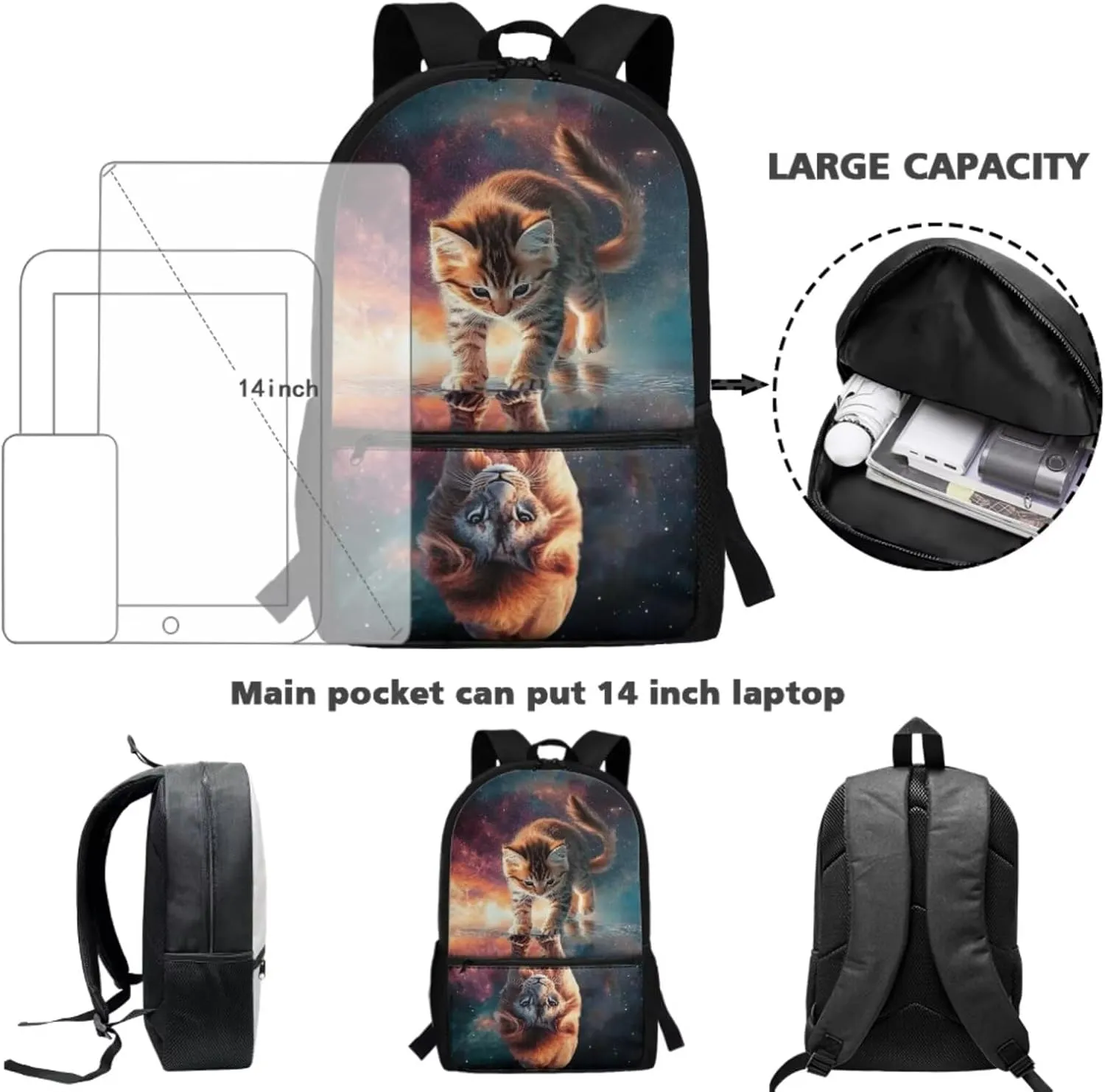 Cat Backpack and Lunch Box for Girls 6-8/8-12/10-12 Lion Kids Elementary School Bookbag with Lunch Bag Pencil Case Galaxy Space Book Bags 3PCS Back Pack Lunchbox Pencil Case Schoolbag