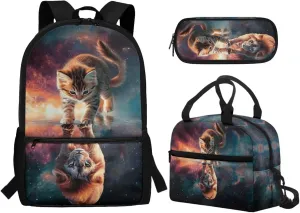 Cat Backpack and Lunch Box for Girls 6-8/8-12/10-12 Lion Kids Elementary School Bookbag with Lunch Bag Pencil Case Galaxy Space Book Bags 3PCS Back Pack Lunchbox Pencil Case Schoolbag