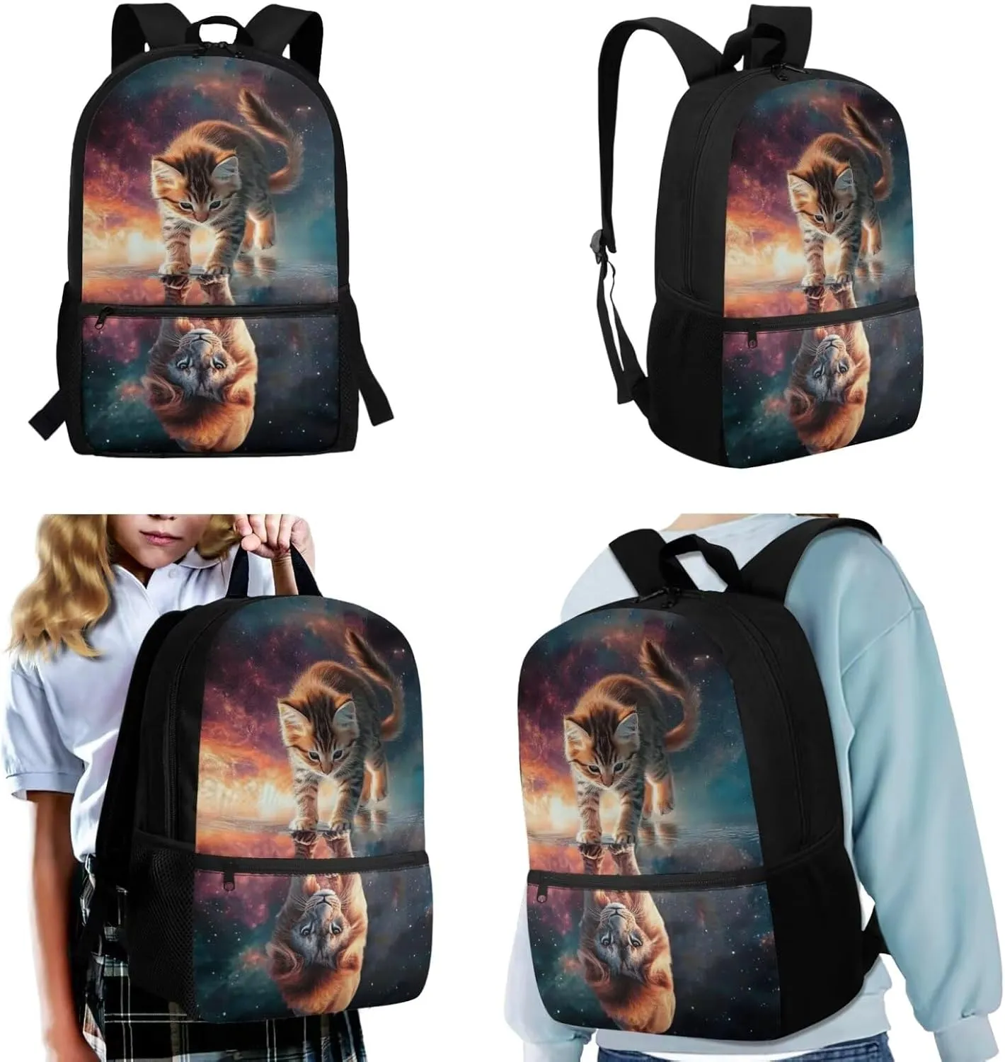 Cat Backpack and Lunch Box for Girls 6-8/8-12/10-12 Lion Kids Elementary School Bookbag with Lunch Bag Pencil Case Galaxy Space Book Bags 3PCS Back Pack Lunchbox Pencil Case Schoolbag