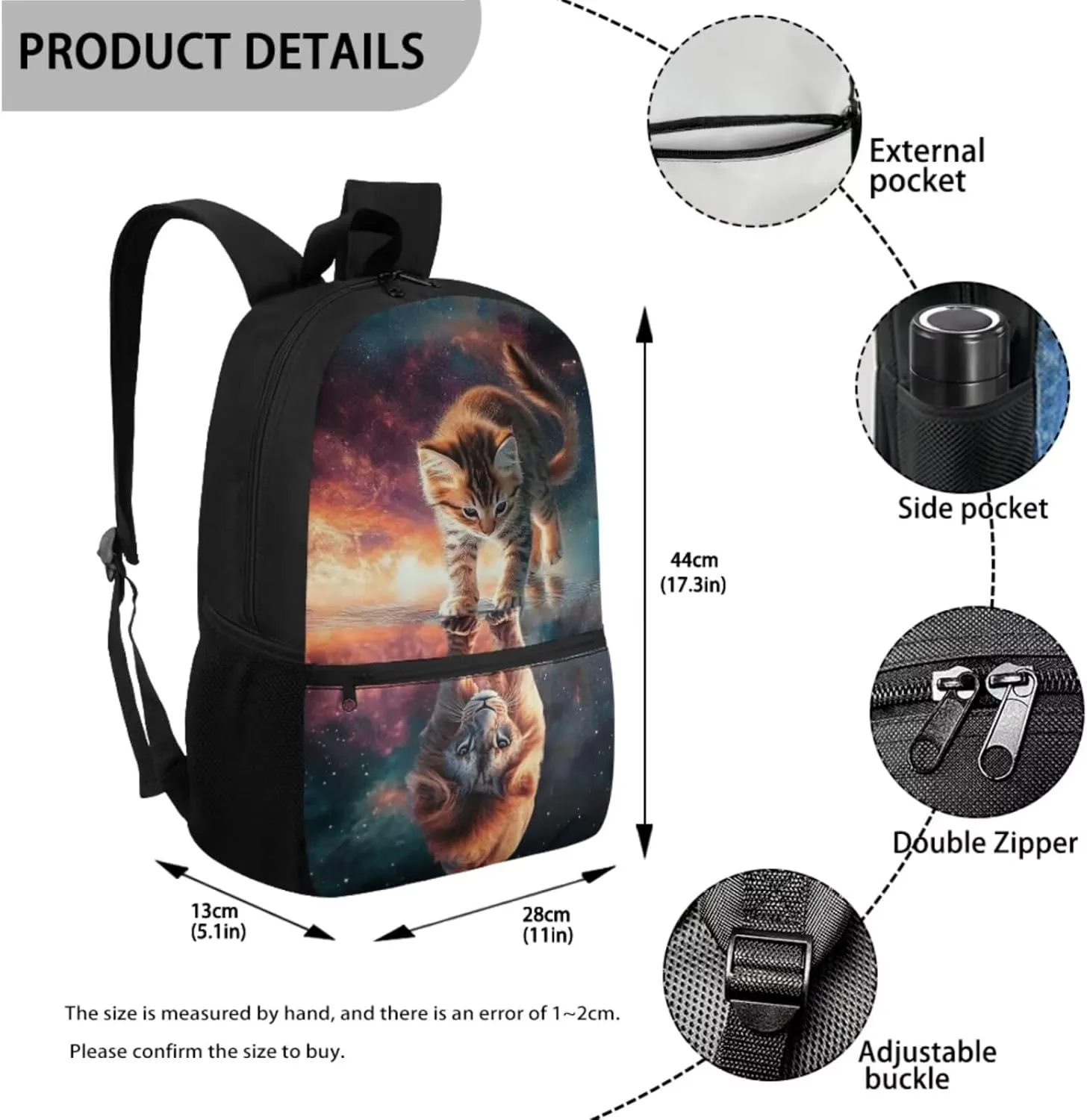 Cat Backpack and Lunch Box for Girls 6-8/8-12/10-12 Lion Kids Elementary School Bookbag with Lunch Bag Pencil Case Galaxy Space Book Bags 3PCS Back Pack Lunchbox Pencil Case Schoolbag