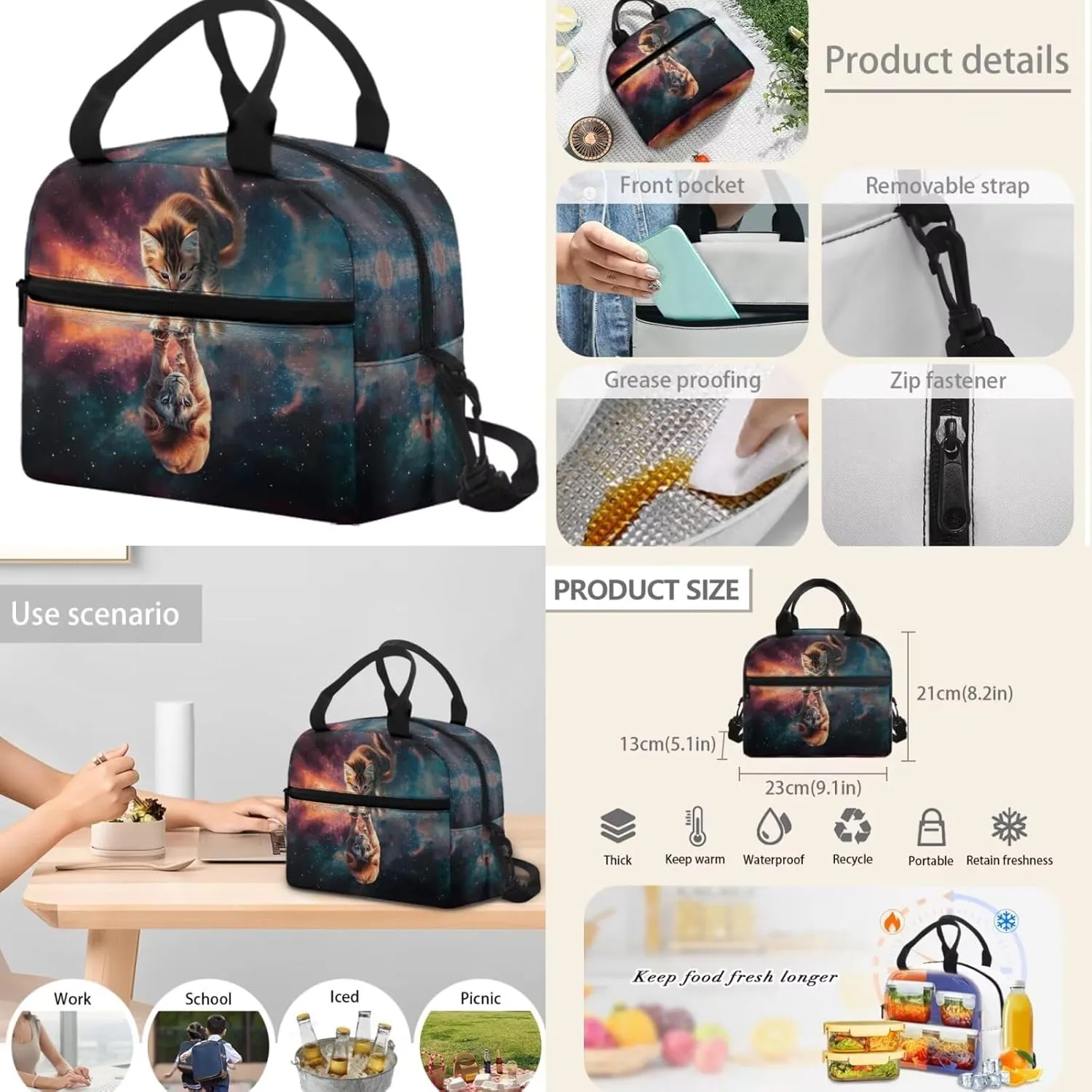 Cat Backpack and Lunch Box for Girls 6-8/8-12/10-12 Lion Kids Elementary School Bookbag with Lunch Bag Pencil Case Galaxy Space Book Bags 3PCS Back Pack Lunchbox Pencil Case Schoolbag