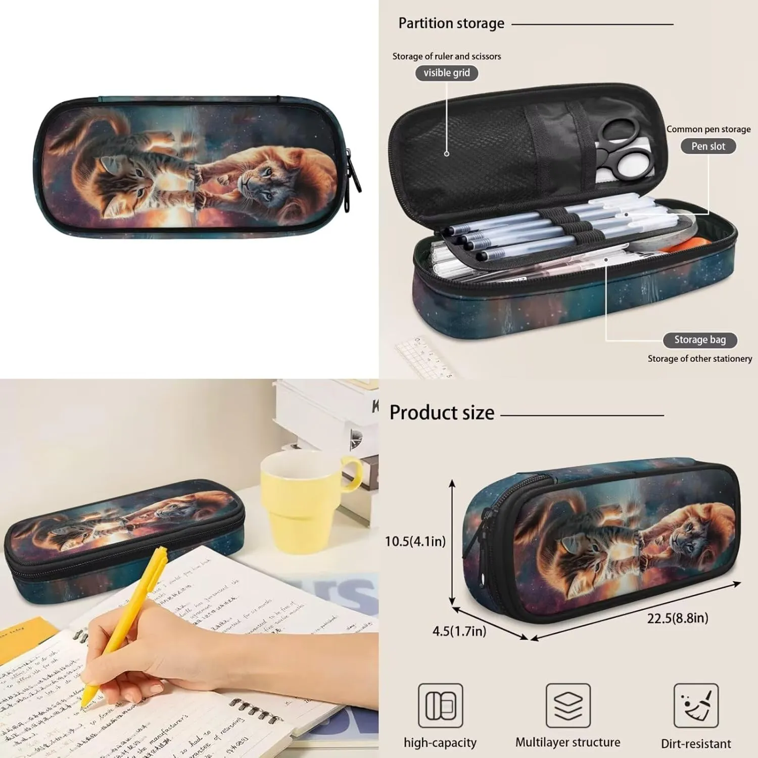 Cat Backpack and Lunch Box for Girls 6-8/8-12/10-12 Lion Kids Elementary School Bookbag with Lunch Bag Pencil Case Galaxy Space Book Bags 3PCS Back Pack Lunchbox Pencil Case Schoolbag