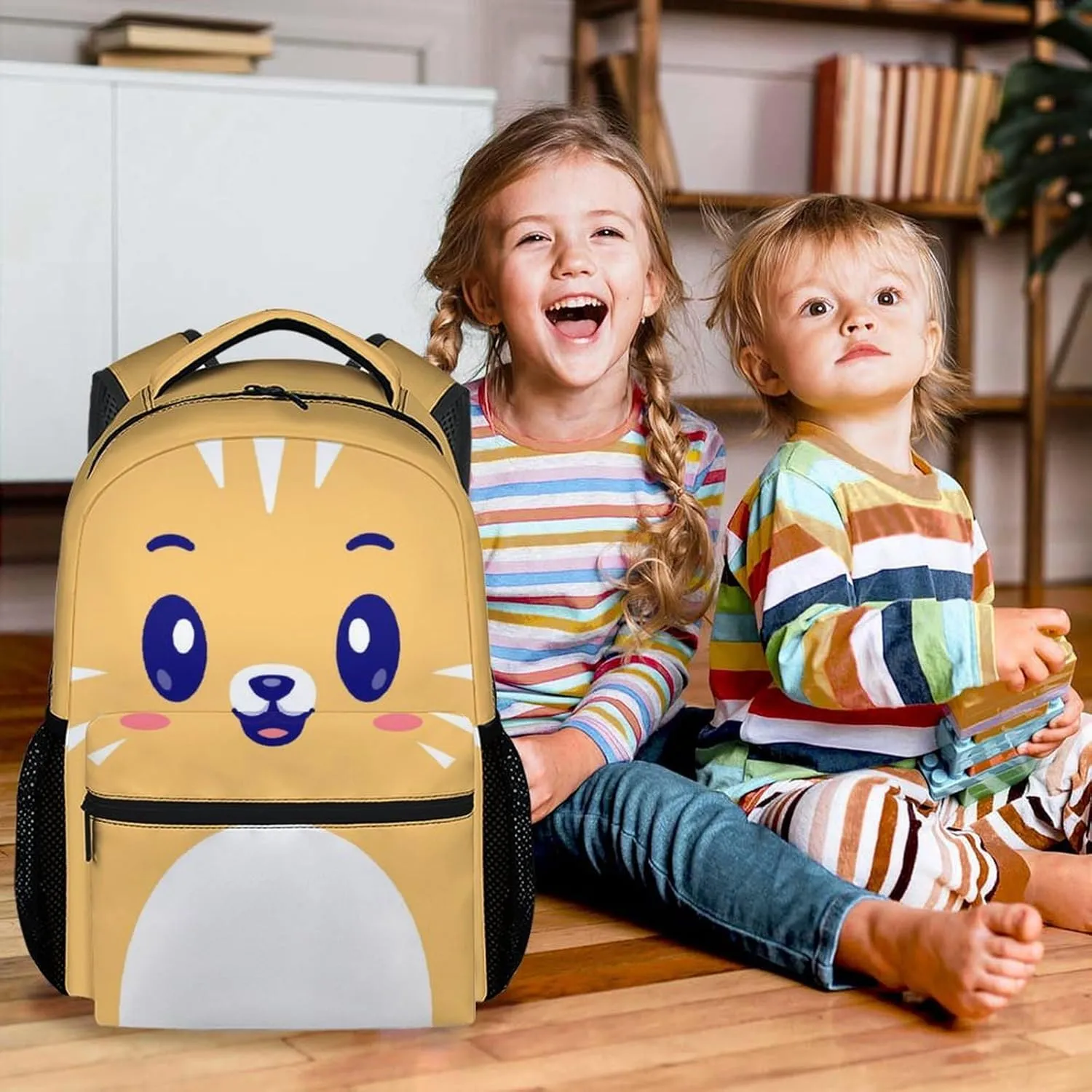 Cat Backpack for Girls, 17 Inch Yellow Backpacks for Middle School, Cute Durable Bookbag for Kids