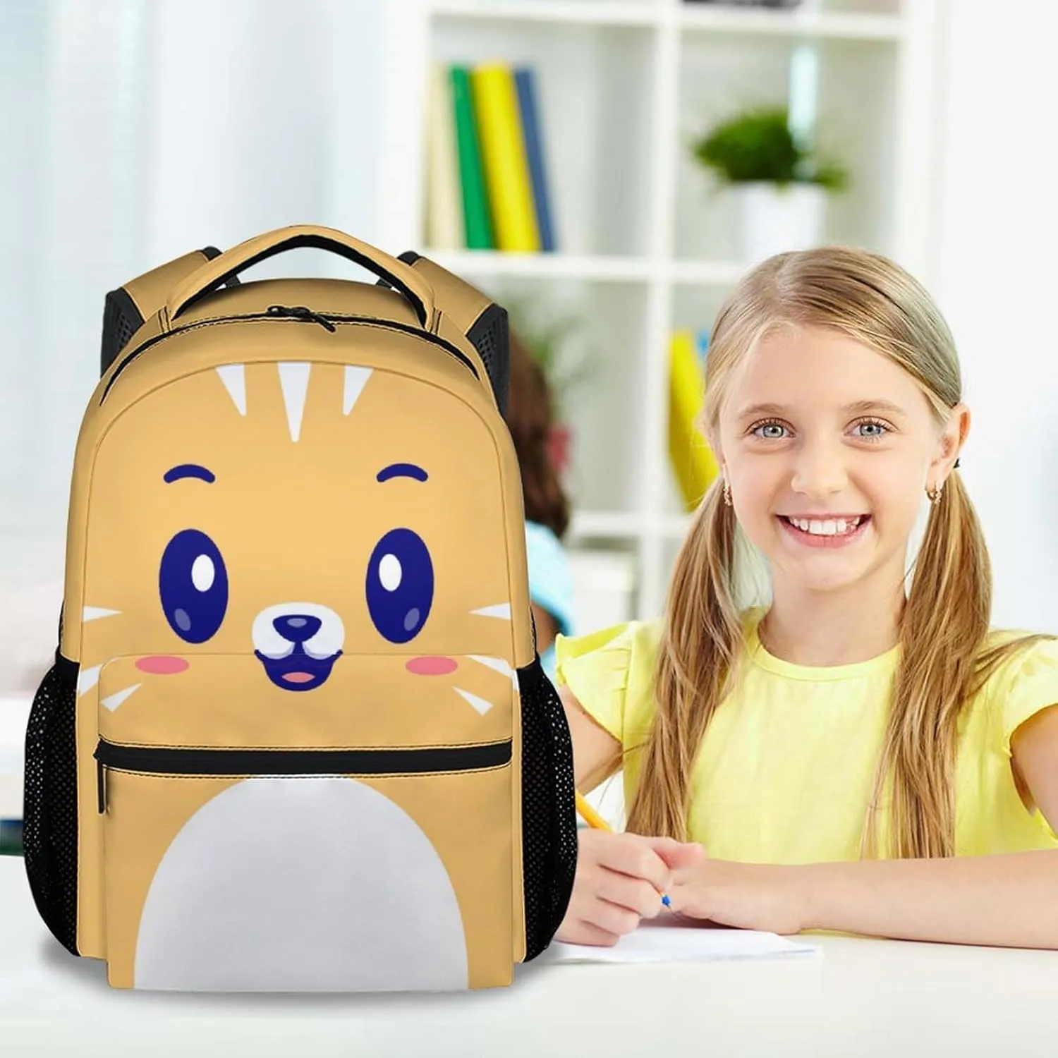 Cat Backpack for Girls, 17 Inch Yellow Backpacks for Middle School, Cute Durable Bookbag for Kids