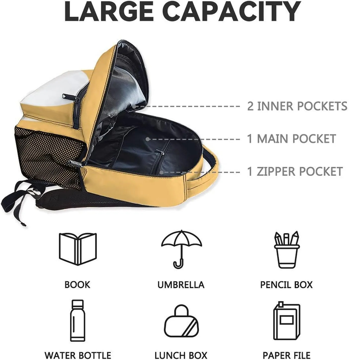Cat Backpack for Girls, 17 Inch Yellow Backpacks for Middle School, Cute Durable Bookbag for Kids