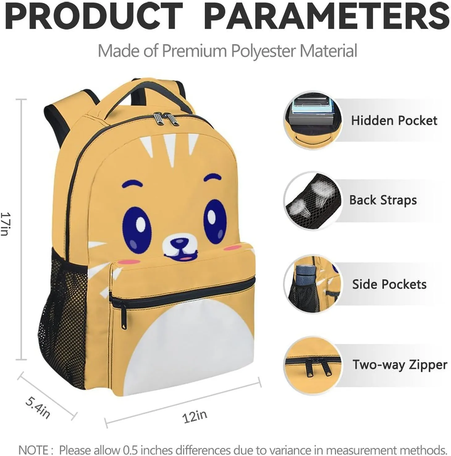 Cat Backpack for Girls, 17 Inch Yellow Backpacks for Middle School, Cute Durable Bookbag for Kids