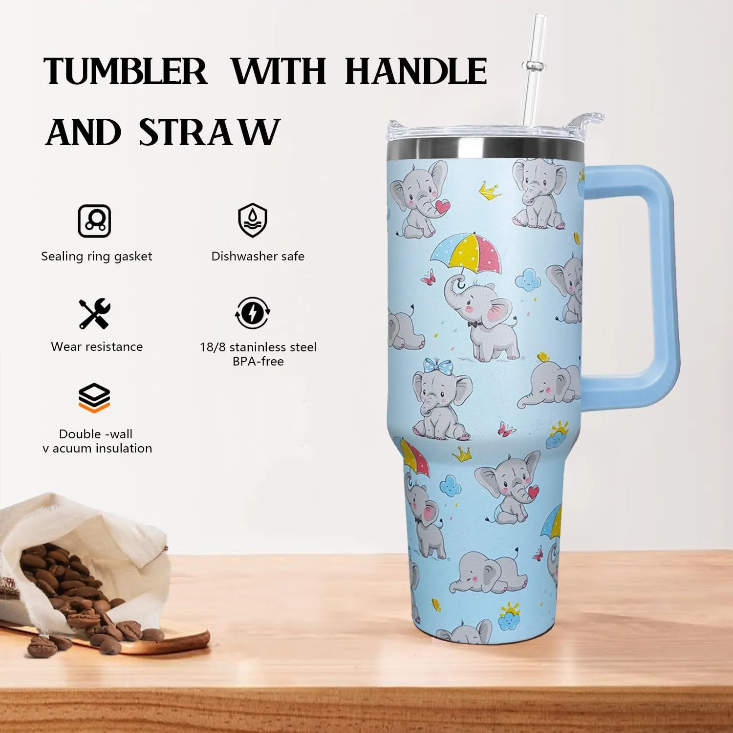 Ceovfoi 40 Oz Elephant Tumbler with Handle Lid and Straw, Insulated Drinking Cup with Handle and Straw, Elephant Gifts for Women, Mom, Daughter, Girlfriend, Teenage Girls, Bridesmaid