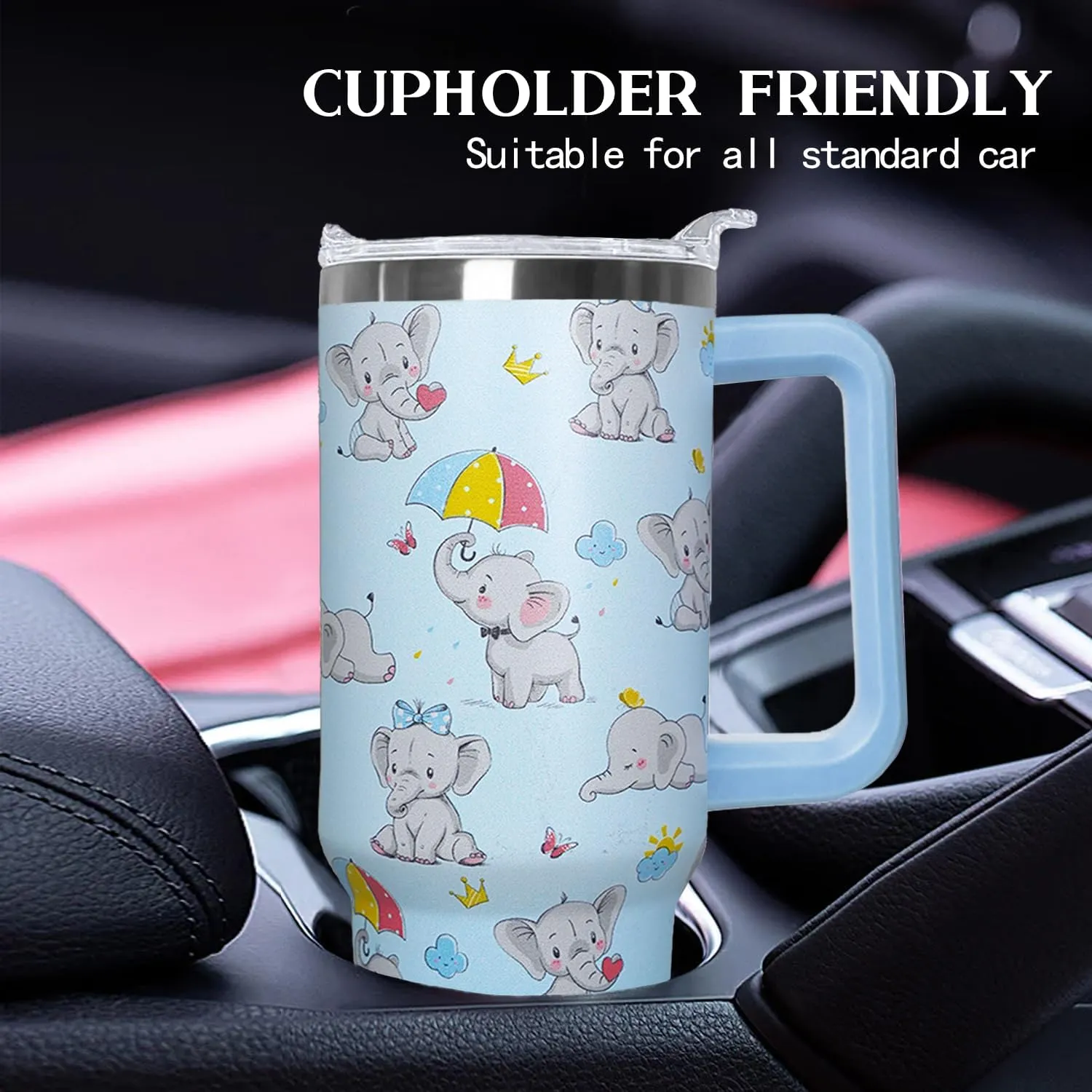 Ceovfoi 40 Oz Elephant Tumbler with Handle Lid and Straw, Insulated Drinking Cup with Handle and Straw, Elephant Gifts for Women, Mom, Daughter, Girlfriend, Teenage Girls, Bridesmaid