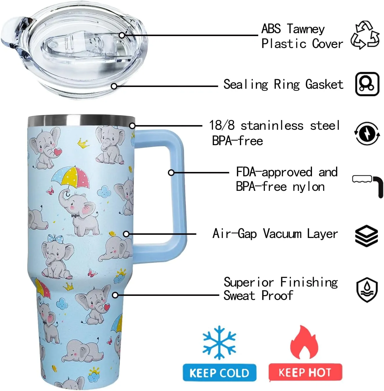 Ceovfoi 40 Oz Elephant Tumbler with Handle Lid and Straw, Insulated Drinking Cup with Handle and Straw, Elephant Gifts for Women, Mom, Daughter, Girlfriend, Teenage Girls, Bridesmaid