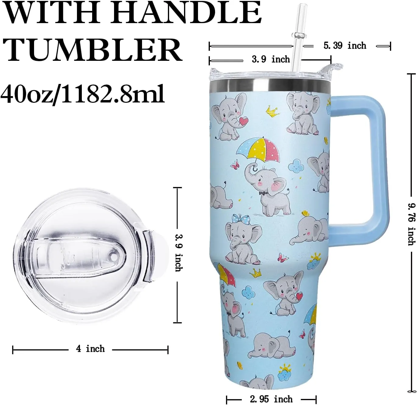 Ceovfoi 40 Oz Elephant Tumbler with Handle Lid and Straw, Insulated Drinking Cup with Handle and Straw, Elephant Gifts for Women, Mom, Daughter, Girlfriend, Teenage Girls, Bridesmaid