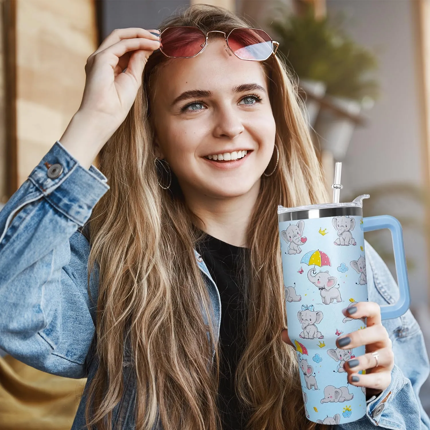 Ceovfoi 40 Oz Elephant Tumbler with Handle Lid and Straw, Insulated Drinking Cup with Handle and Straw, Elephant Gifts for Women, Mom, Daughter, Girlfriend, Teenage Girls, Bridesmaid