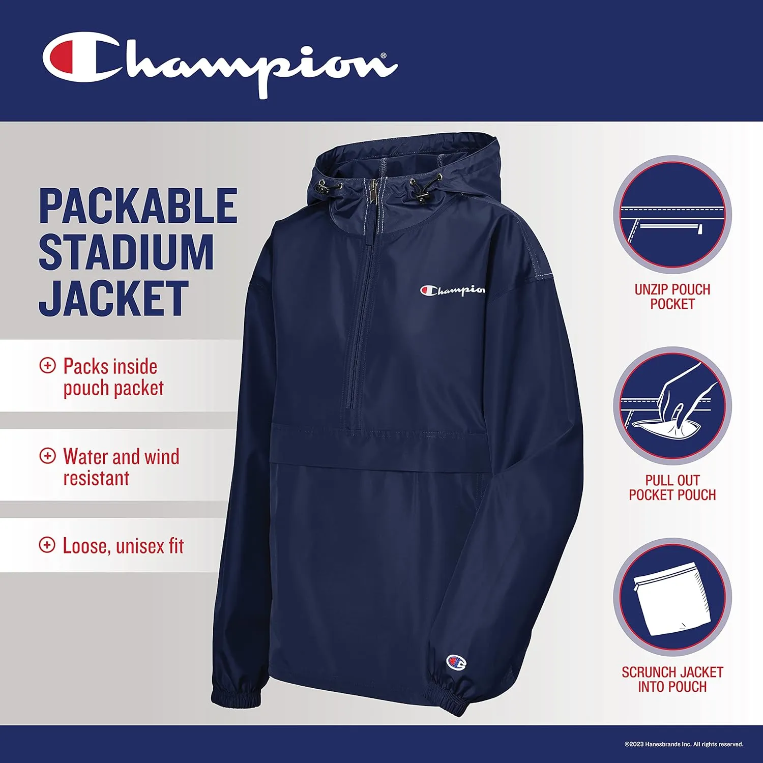 Champion Women's Packable Print Jacket, Wind- and Water-Resistant Hooded Jacket, Prints & Script