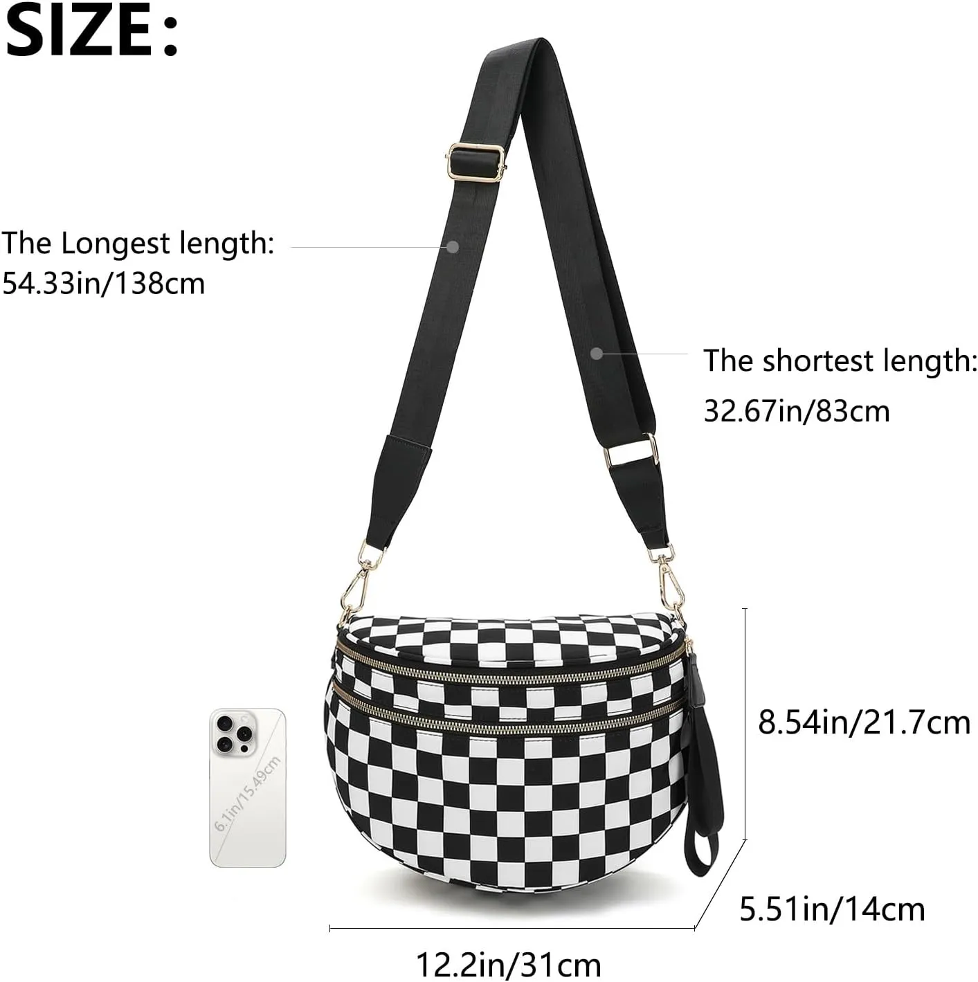 Checkered Black and White Crossbody Bag for Women, Belt Bag Fanny Pack witn Adjustable Shoulder Strap (Black and White Checkered)