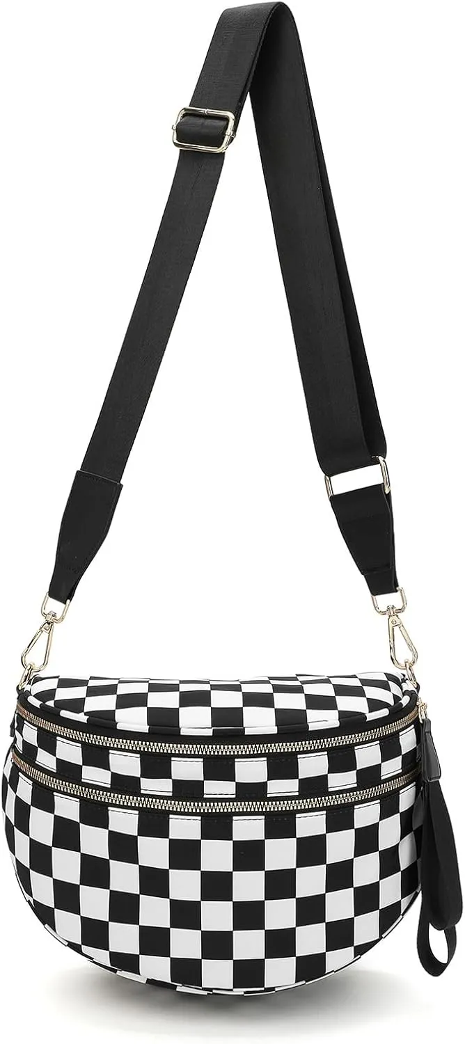Checkered Black and White Crossbody Bag for Women, Belt Bag Fanny Pack witn Adjustable Shoulder Strap (Black and White Checkered)