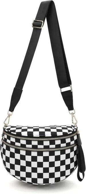 Checkered Black and White Crossbody Bag for Women, Belt Bag Fanny Pack witn Adjustable Shoulder Strap (Black and White Checkered)