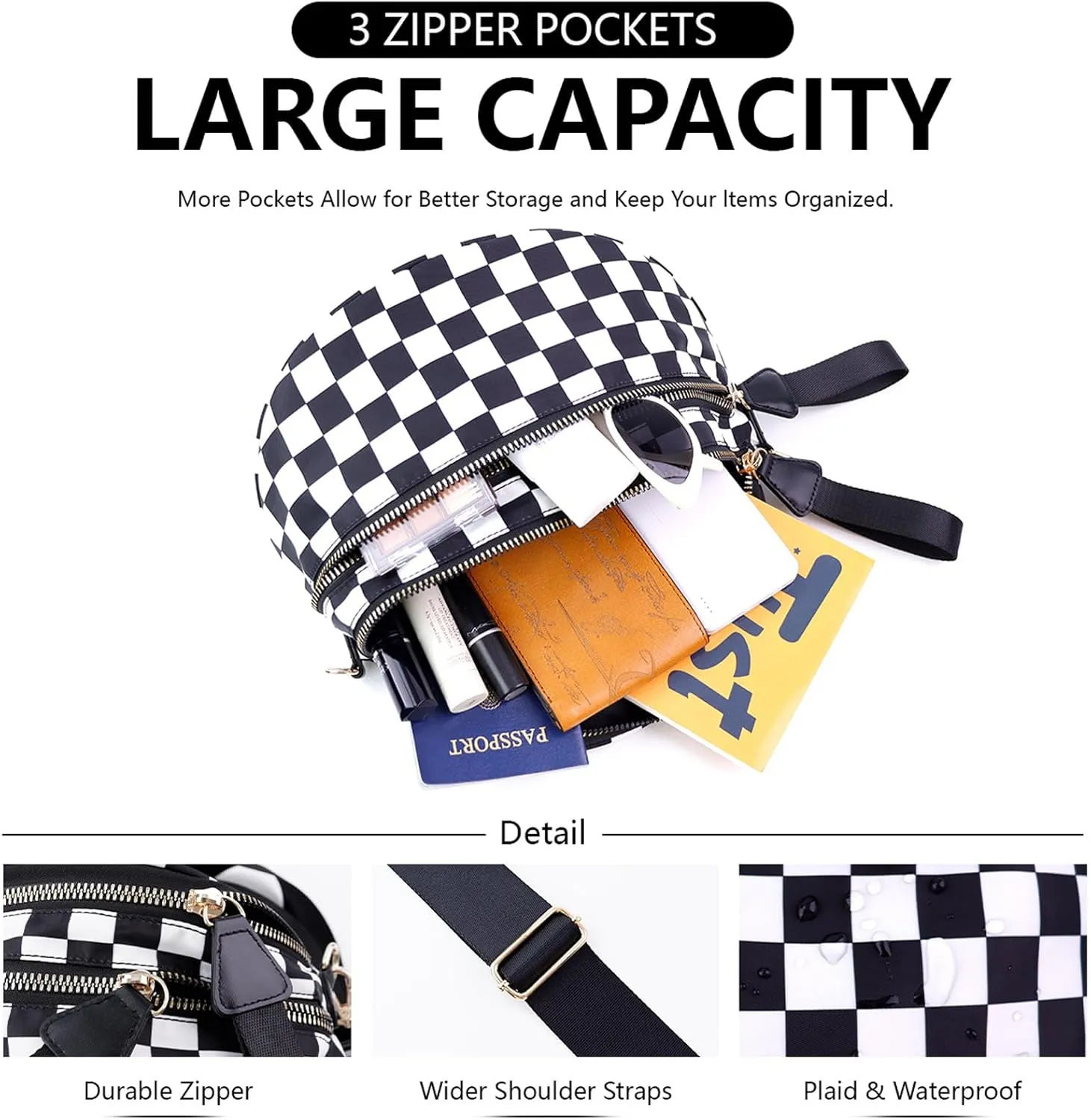 Checkered Black and White Crossbody Bag for Women, Belt Bag Fanny Pack witn Adjustable Shoulder Strap (Black and White Checkered)