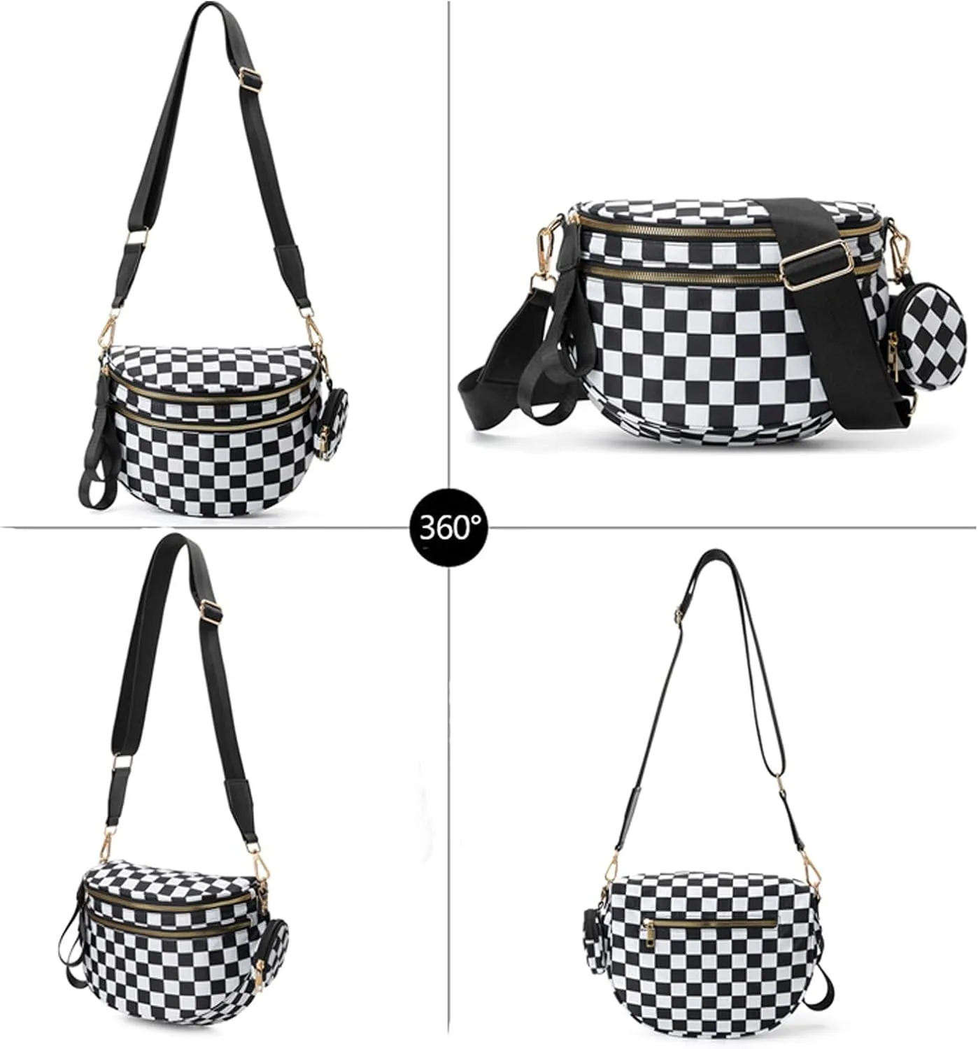 Checkered Black and White Crossbody Bag for Women, Belt Bag Fanny Pack witn Adjustable Shoulder Strap (Black and White Checkered)
