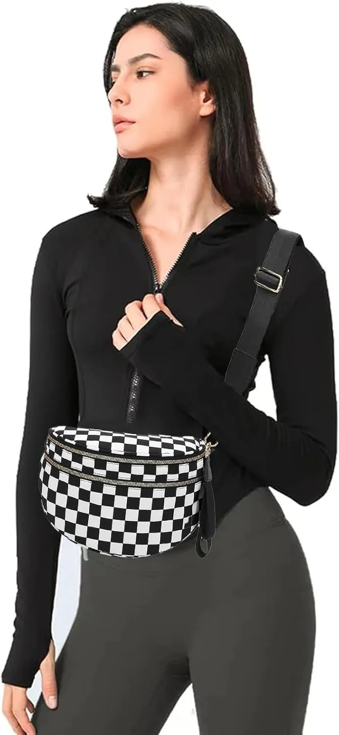 Checkered Black and White Crossbody Bag for Women, Belt Bag Fanny Pack witn Adjustable Shoulder Strap (Black and White Checkered)