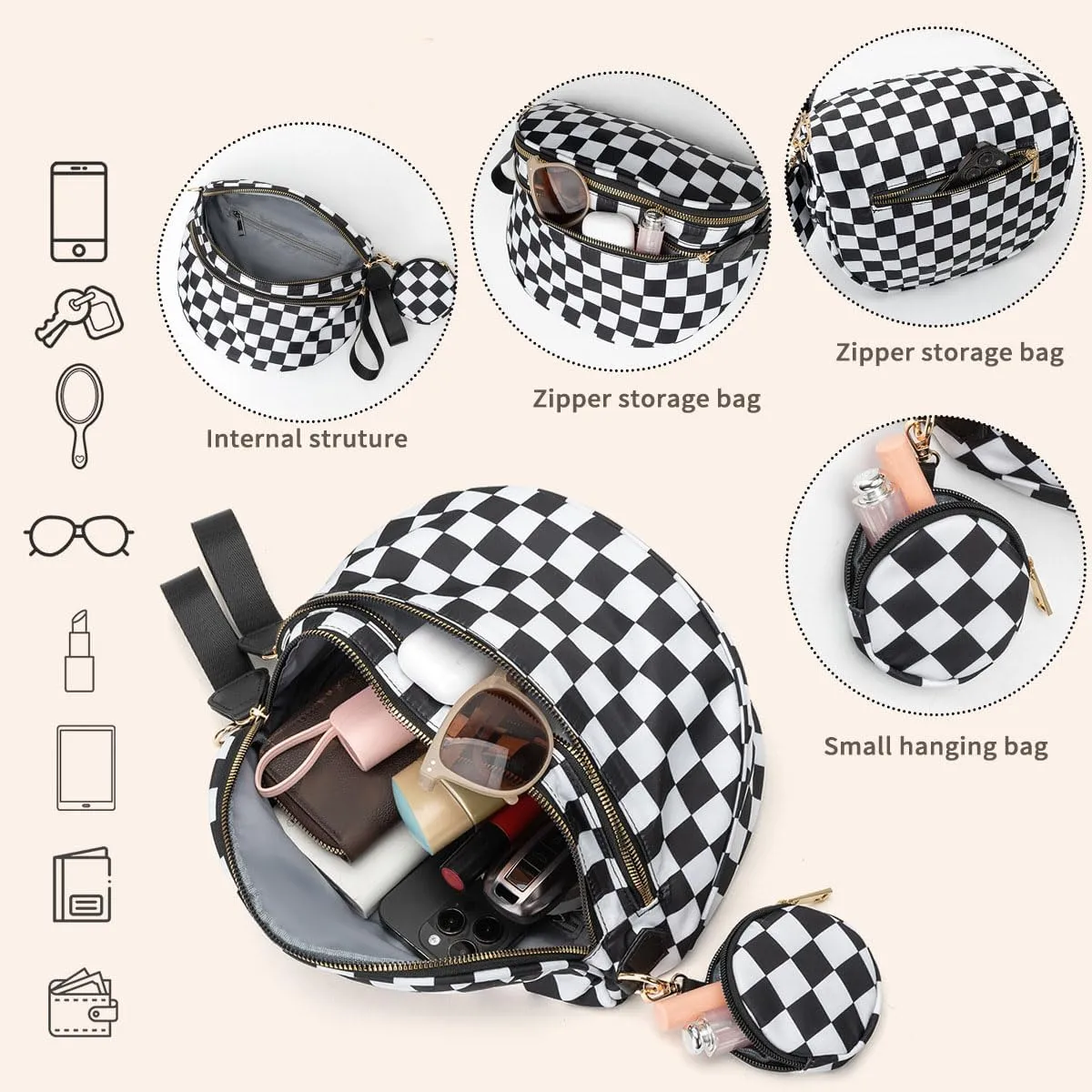 Checkered Bum Bag Crossbody, Black and White Checkered Crossbody Bag, Fanny Pack for Women with Adjustable Strap (D)