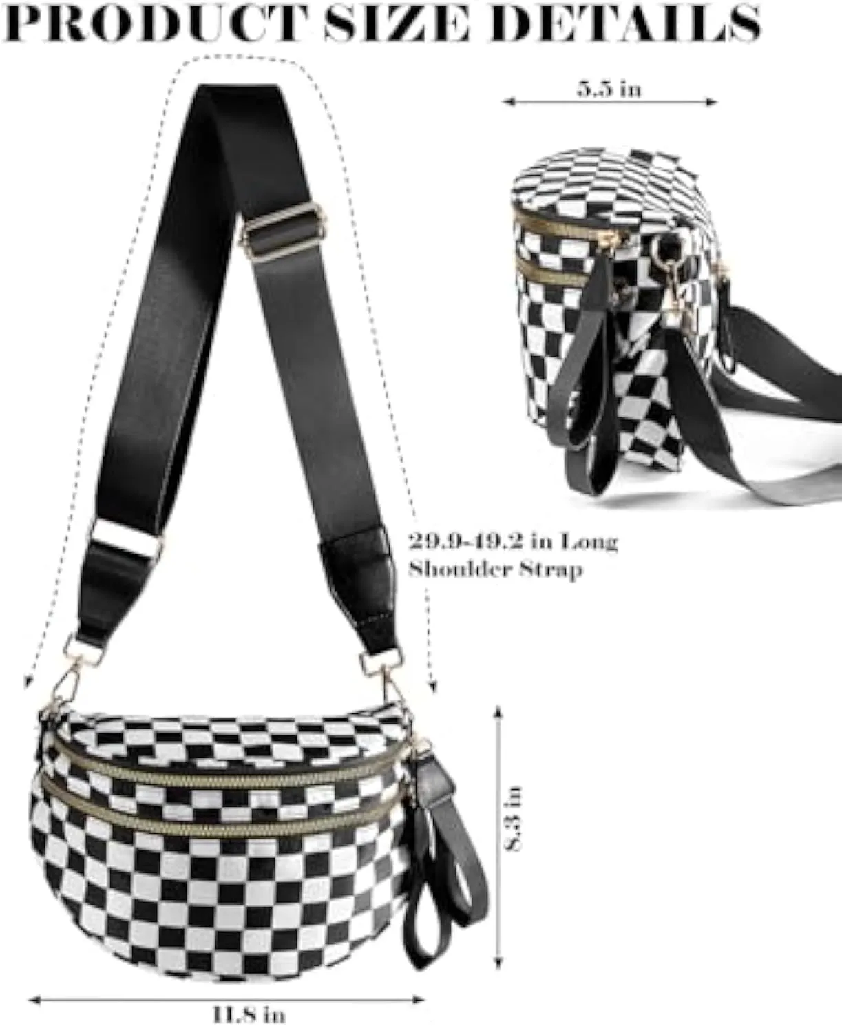 Checkered Bum Bag Crossbody, Black and White Checkered Crossbody Bag, Fanny Pack for Women with Adjustable Strap (D)