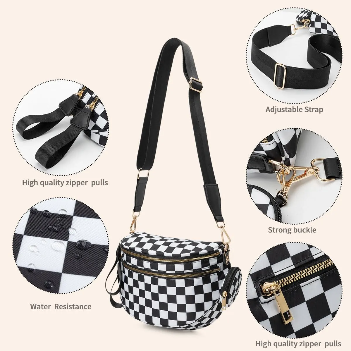 Checkered Bum Bag Crossbody, Black and White Checkered Crossbody Bag, Fanny Pack for Women with Adjustable Strap (D)