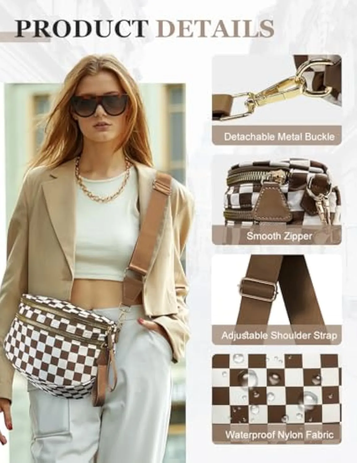 Checkered Bum Bag Crossbody, Black and White Checkered Crossbody Bag, Fanny Pack for Women with Adjustable Strap (D)