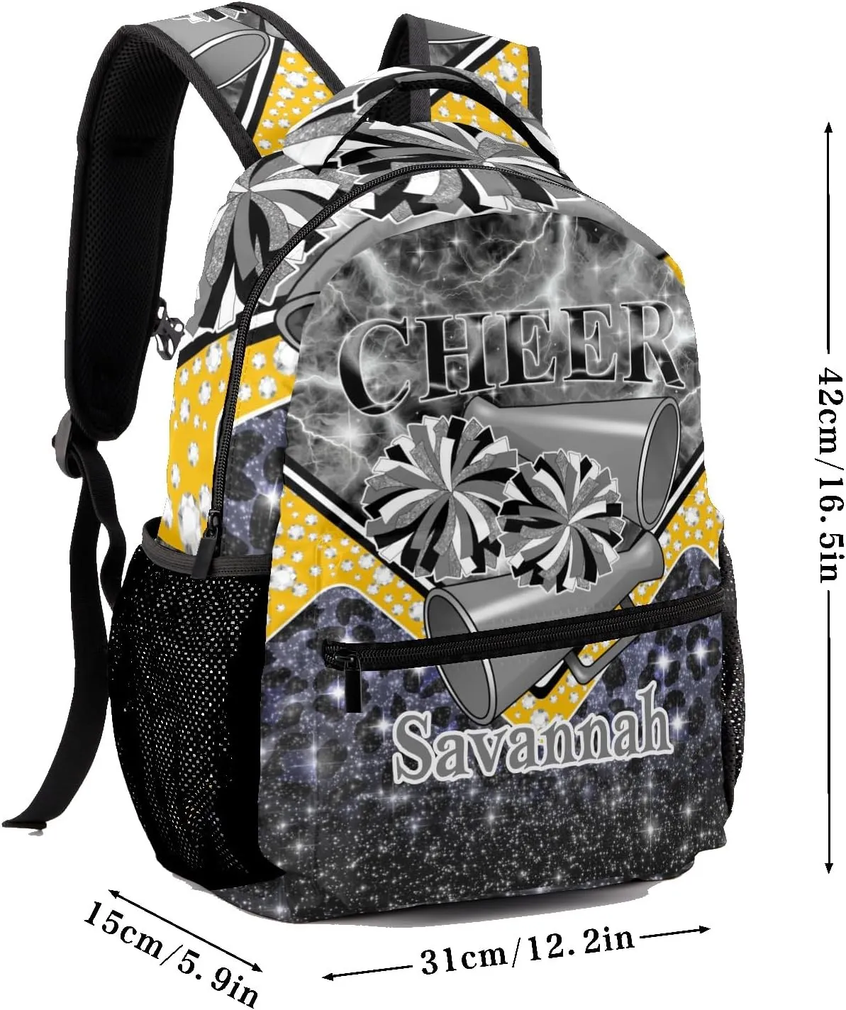 Cheerleader Bags Cheer Backpack School Backpack Customized Casual Bookbags for Gift(Grey Black Gold)