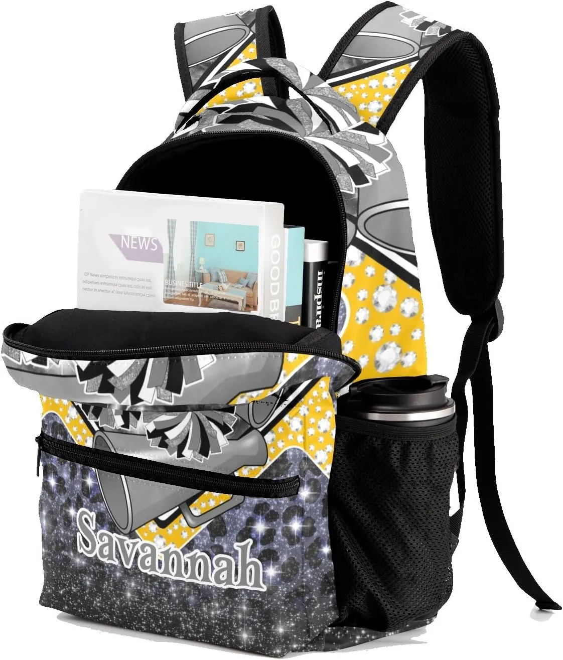 Cheerleader Bags Cheer Backpack School Backpack Customized Casual Bookbags for Gift(Grey Black Gold)