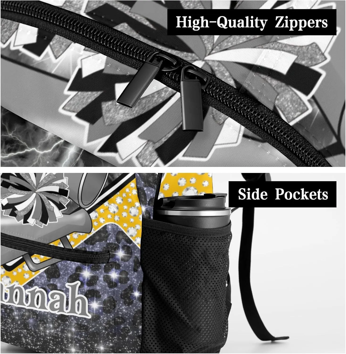 Cheerleader Bags Cheer Backpack School Backpack Customized Casual Bookbags for Gift(Grey Black Gold)