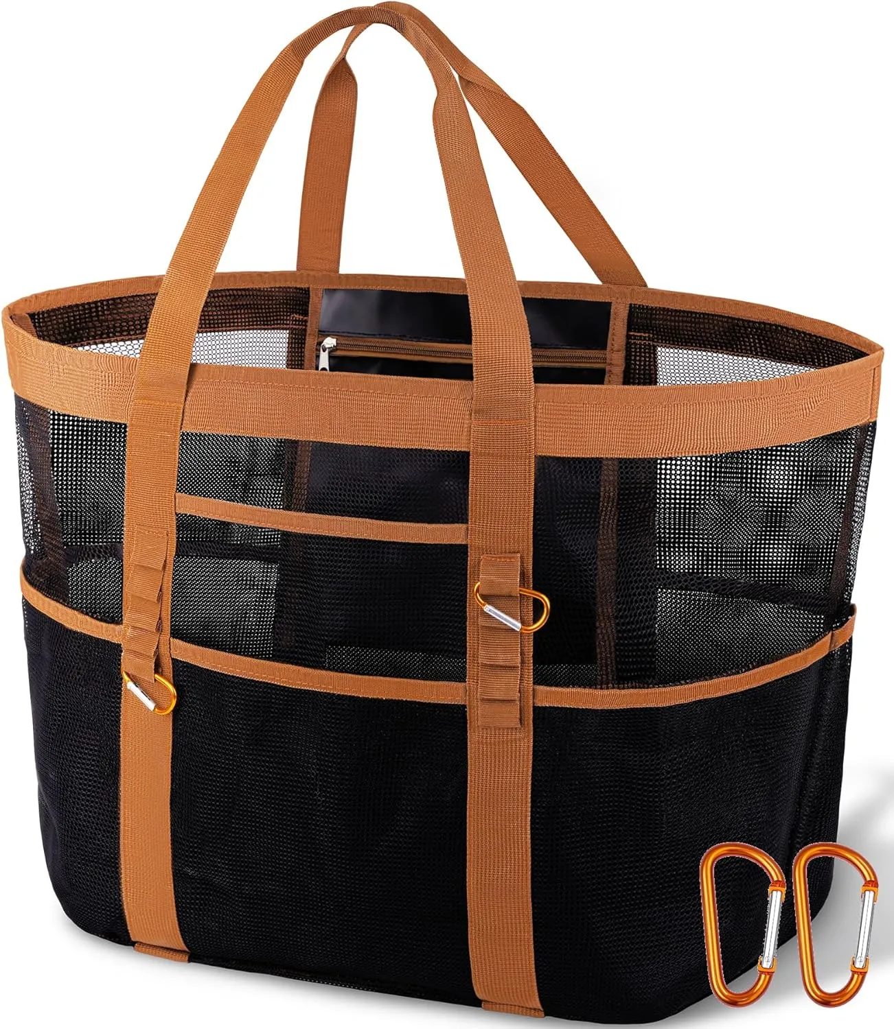 Chic & Spacious XX-Large Beach Bag for Women – 12 Pockets, Waterproof Mesh, Lightweight, Includes 2 Carabiners