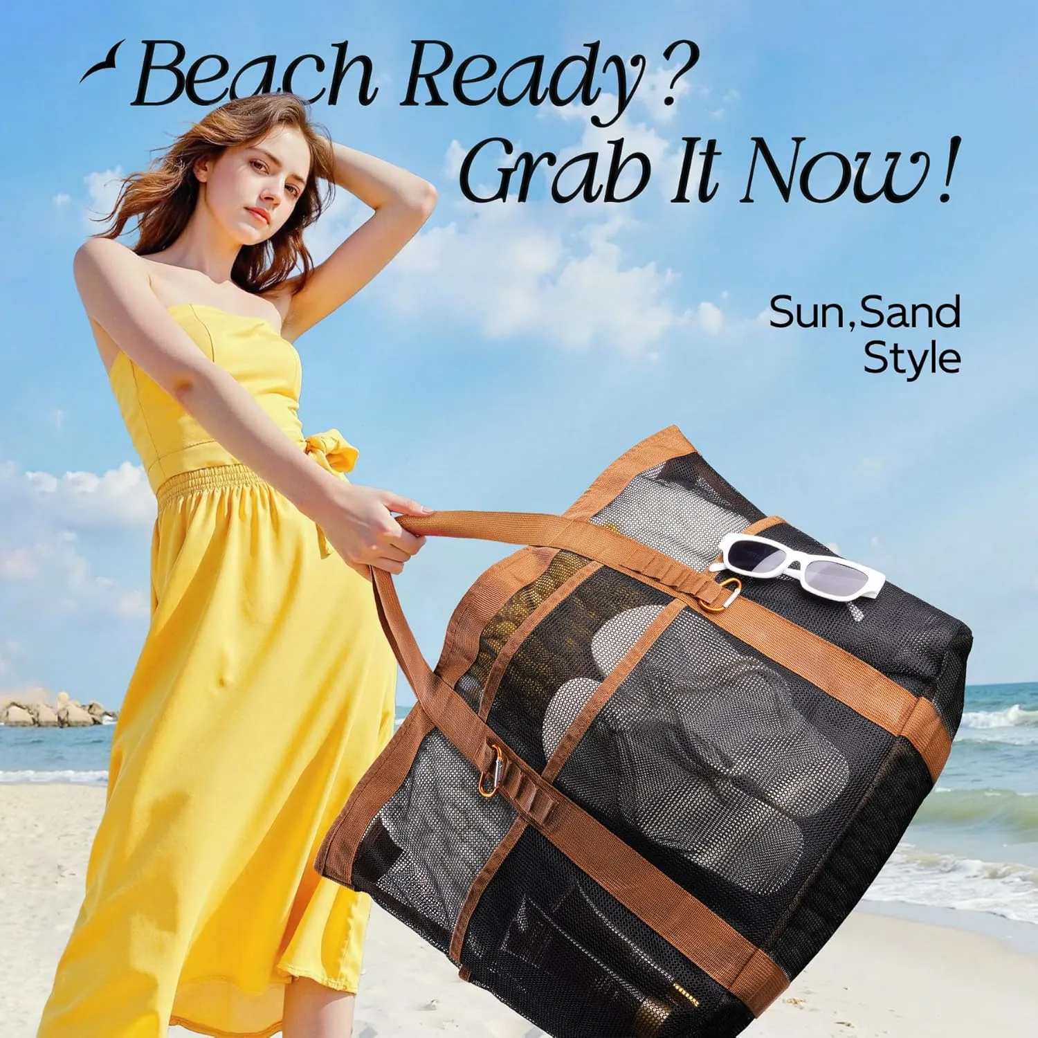 Chic & Spacious XX-Large Beach Bag for Women – 12 Pockets, Waterproof Mesh, Lightweight, Includes 2 Carabiners