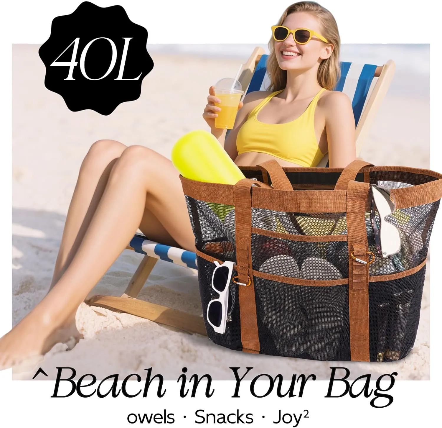 Chic & Spacious XX-Large Beach Bag for Women – 12 Pockets, Waterproof Mesh, Lightweight, Includes 2 Carabiners