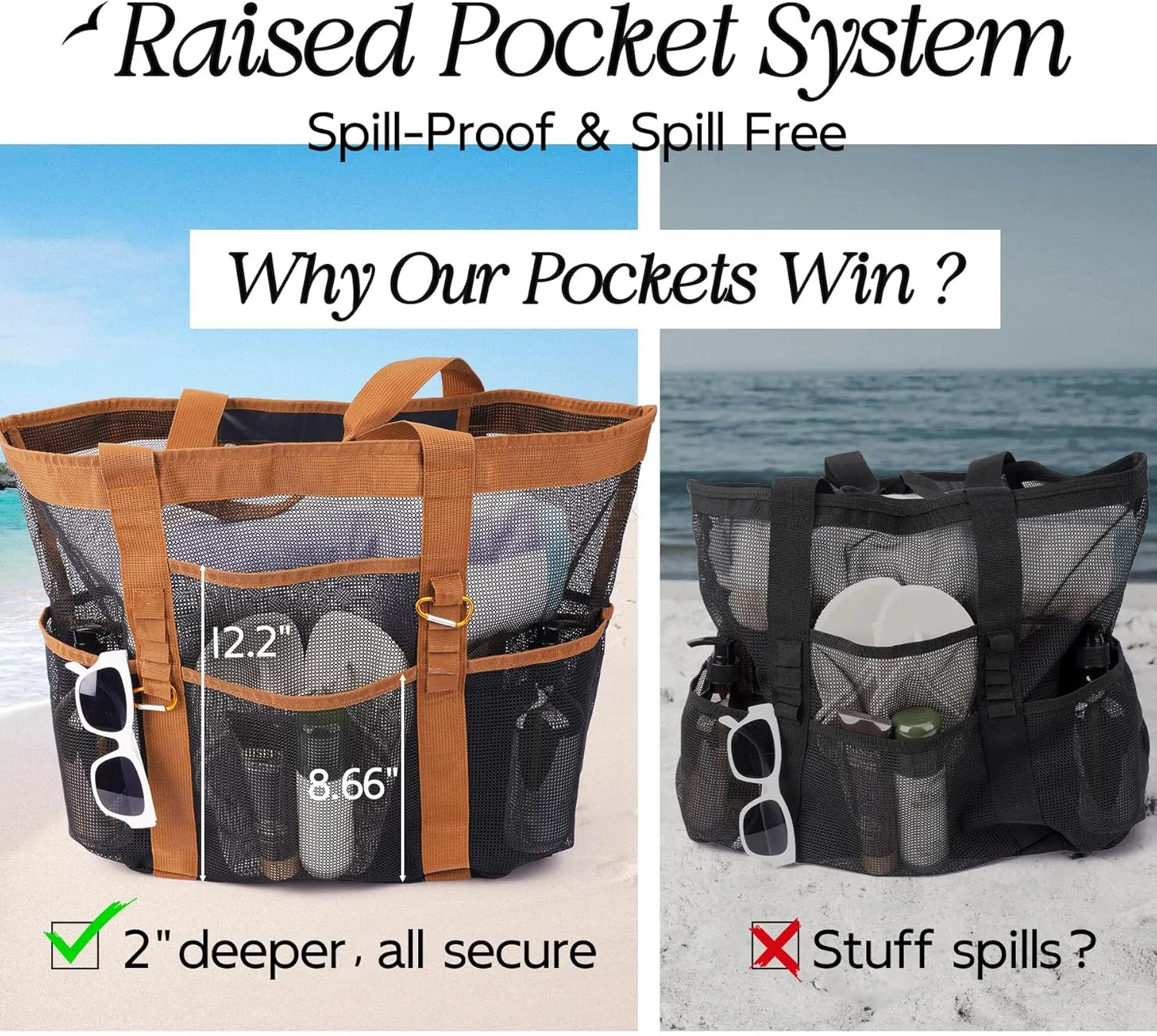 Chic & Spacious XX-Large Beach Bag for Women – 12 Pockets, Waterproof Mesh, Lightweight, Includes 2 Carabiners