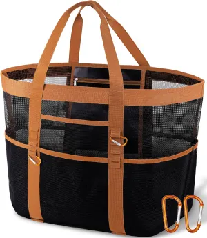 Chic & Spacious XX-Large Beach Bag for Women – 12 Pockets, Waterproof Mesh, Lightweight, Includes 2 Carabiners
