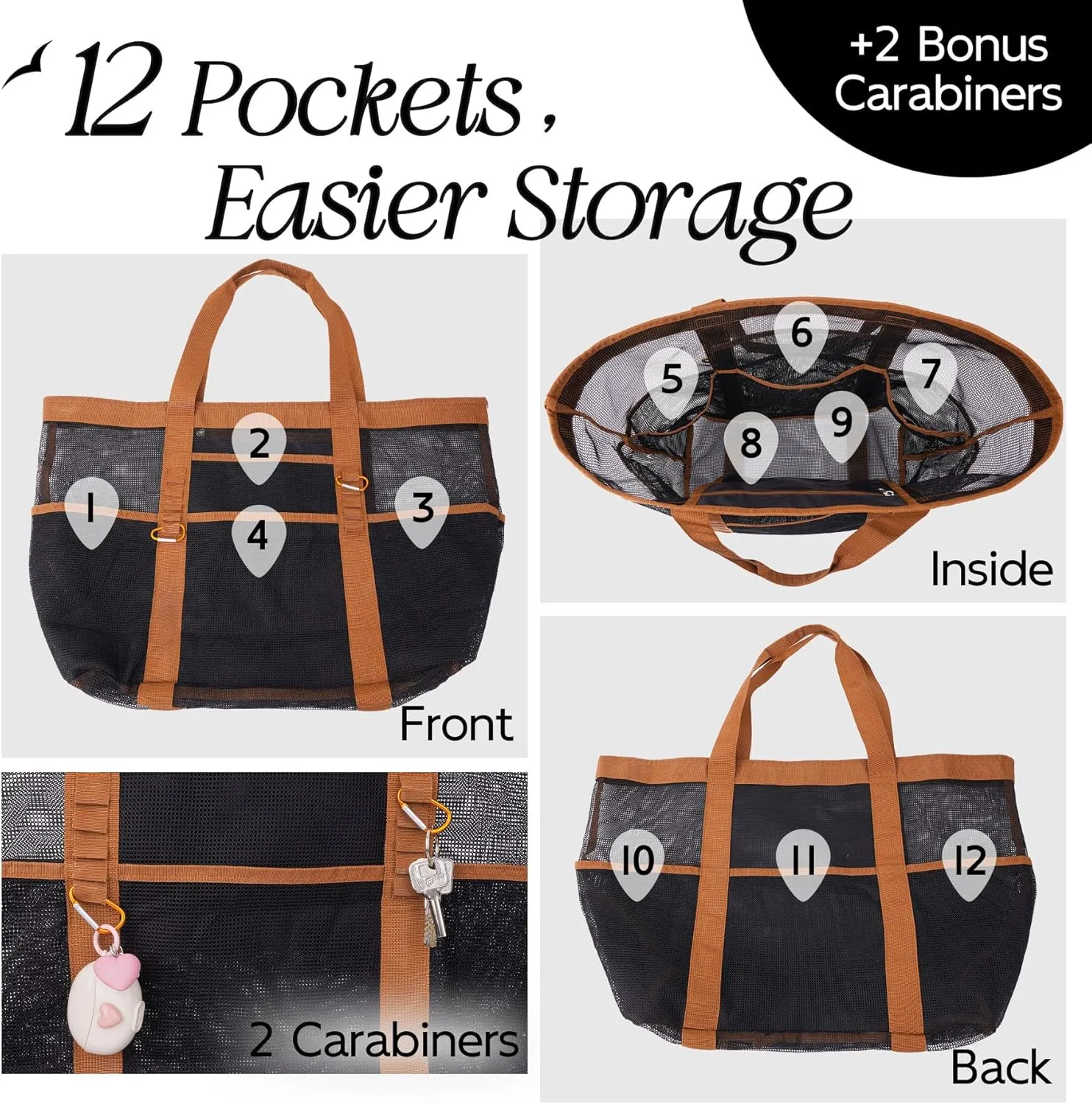 Chic & Spacious XX-Large Beach Bag for Women – 12 Pockets, Waterproof Mesh, Lightweight, Includes 2 Carabiners