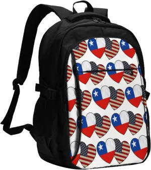 Chile Chilean American Flag Couple Hearts Love Flag Business Laptop Backpack Travel Backpacks Outdoor Rucksack Large Bag Daypack with USB Charging Port Multi-Pocket for Hiking Camping