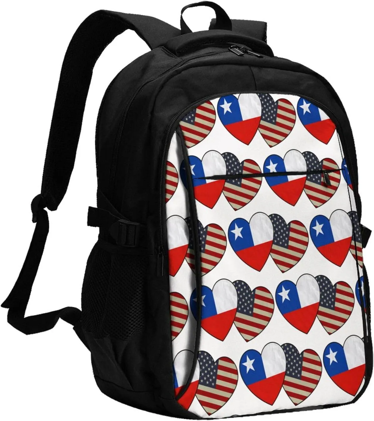 Chile Chilean American Flag Couple Hearts Love Flag Business Laptop Backpack Travel Backpacks Outdoor Rucksack Large Bag Daypack with USB Charging Port Multi-Pocket for Hiking Camping