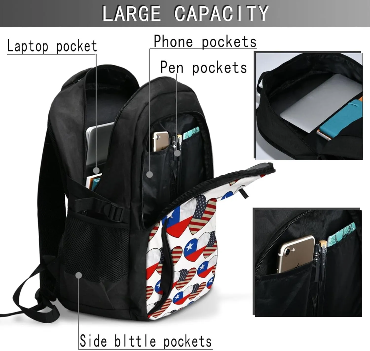 Chile Chilean American Flag Couple Hearts Love Flag Business Laptop Backpack Travel Backpacks Outdoor Rucksack Large Bag Daypack with USB Charging Port Multi-Pocket for Hiking Camping