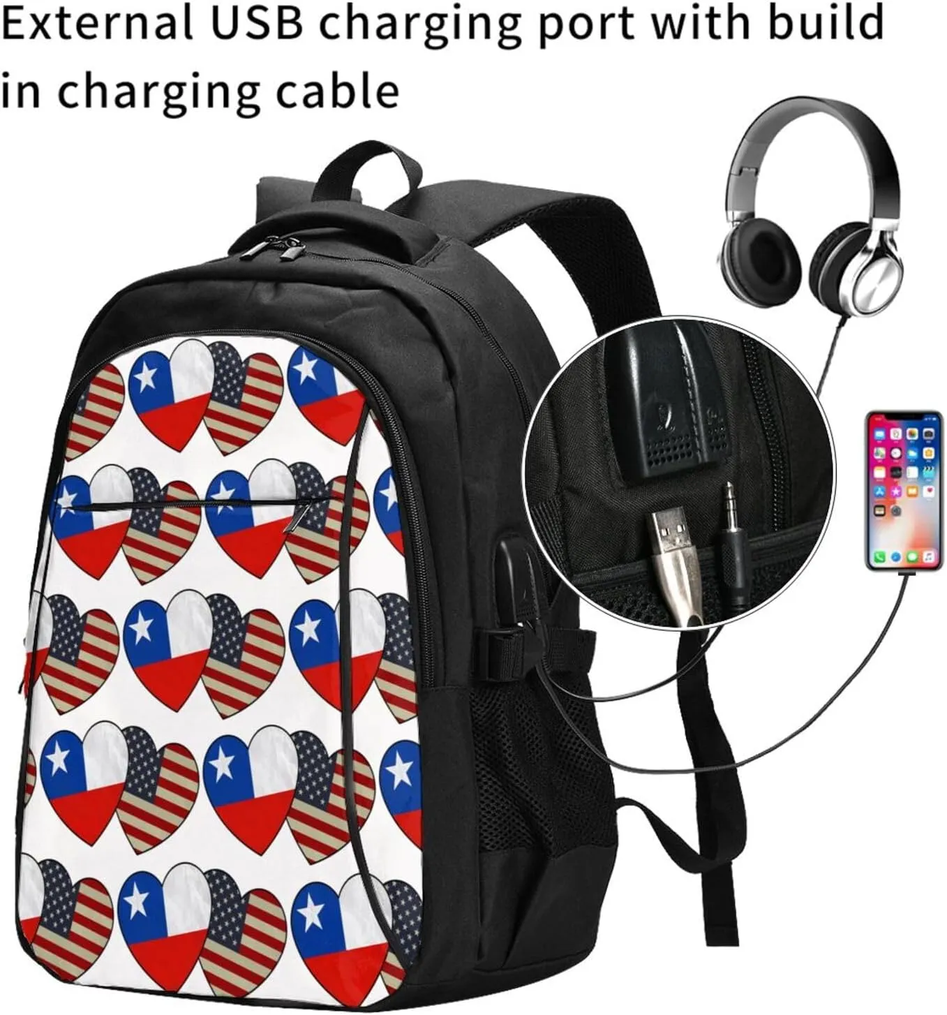 Chile Chilean American Flag Couple Hearts Love Flag Business Laptop Backpack Travel Backpacks Outdoor Rucksack Large Bag Daypack with USB Charging Port Multi-Pocket for Hiking Camping