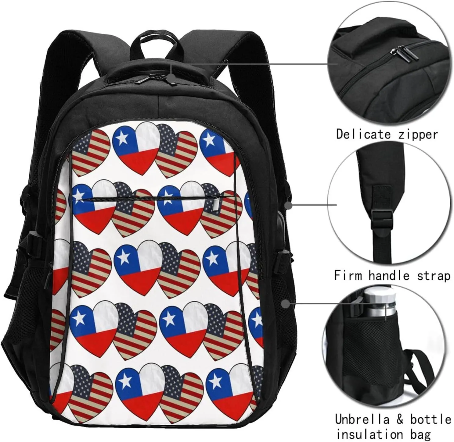 Chile Chilean American Flag Couple Hearts Love Flag Business Laptop Backpack Travel Backpacks Outdoor Rucksack Large Bag Daypack with USB Charging Port Multi-Pocket for Hiking Camping