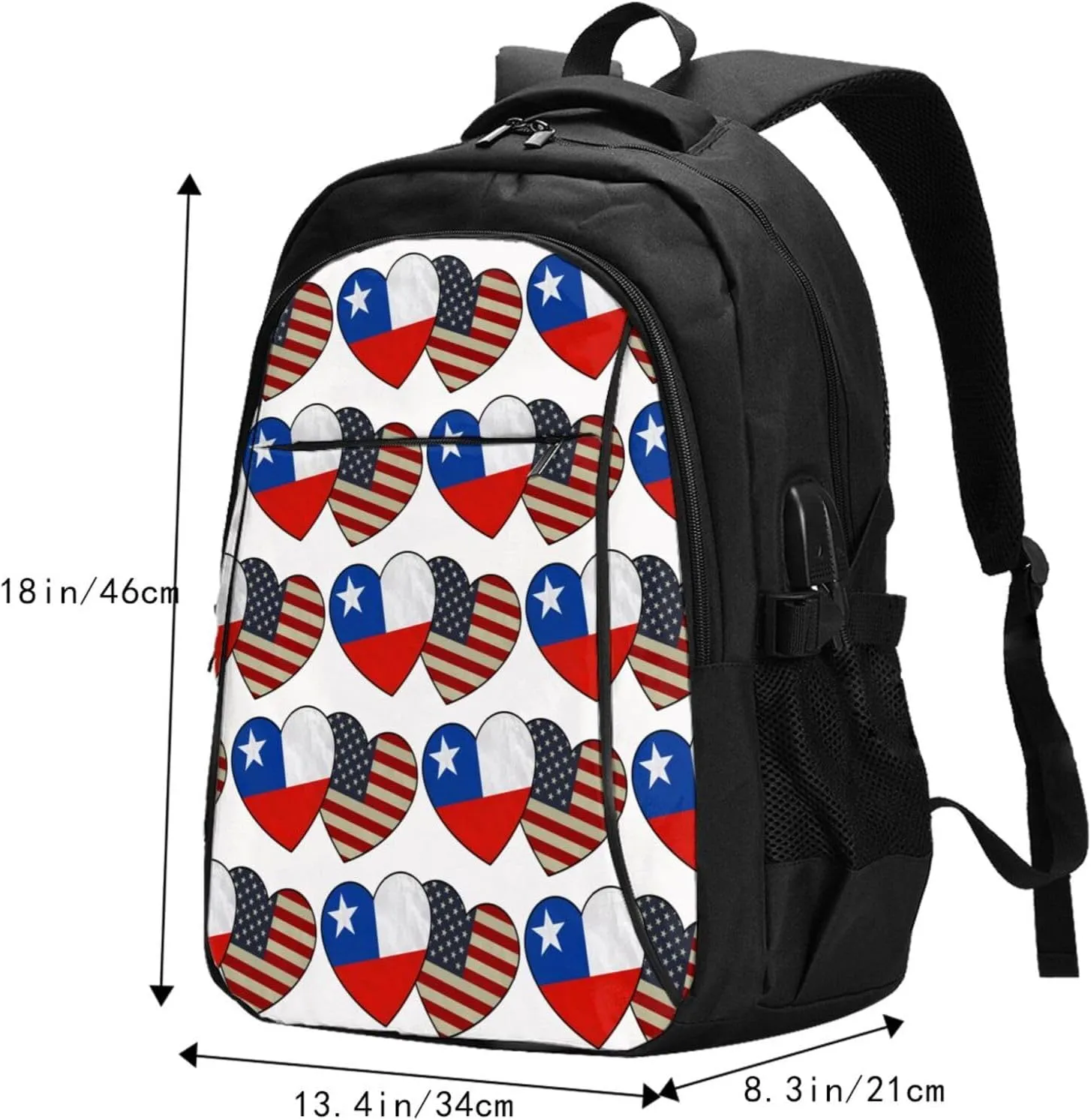 Chile Chilean American Flag Couple Hearts Love Flag Business Laptop Backpack Travel Backpacks Outdoor Rucksack Large Bag Daypack with USB Charging Port Multi-Pocket for Hiking Camping