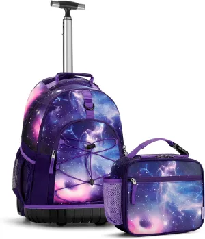 Choco Mocha Rolling Backpack for Girls, 18 Inch Roller Backpack for Middle School Bookbag with Wheels for Teen Girl, Galaxy Rolling Backpacks for Girls 8-12 with Lunch Bag Set, Purple