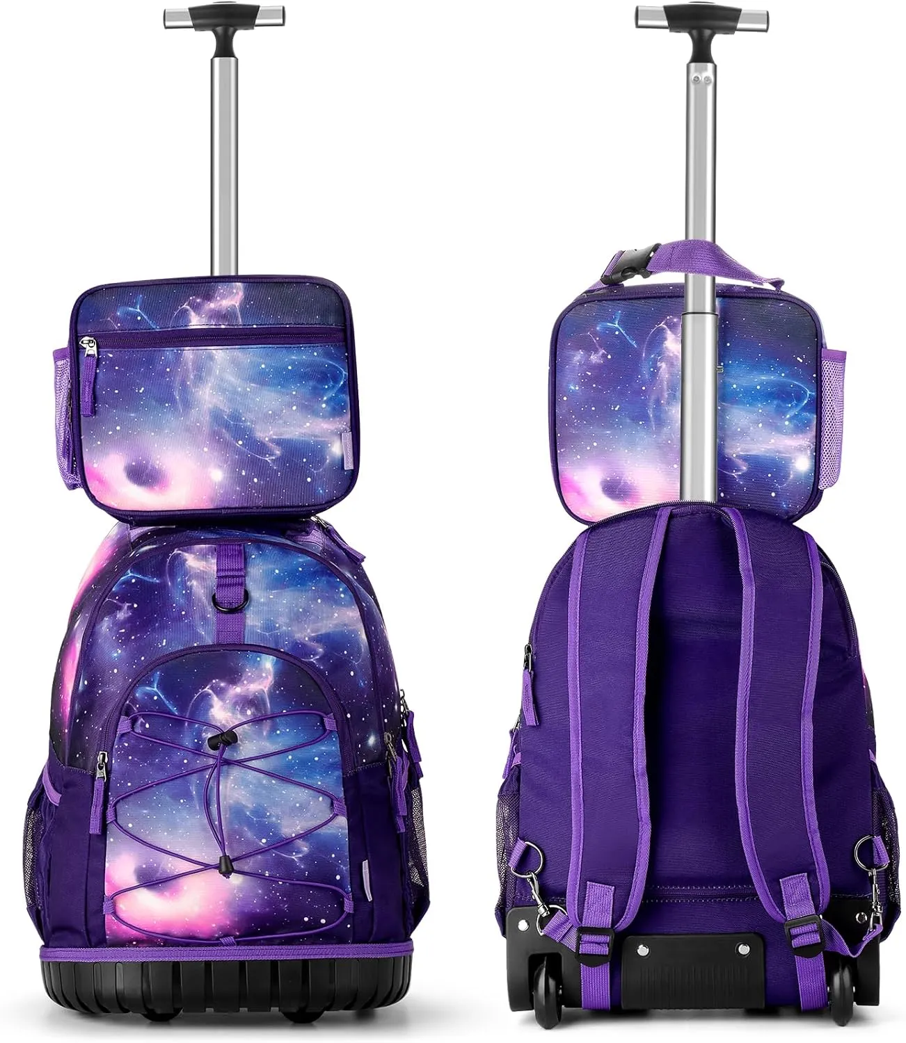 Choco Mocha Rolling Backpack for Girls, 18 Inch Roller Backpack for Middle School Bookbag with Wheels for Teen Girl, Galaxy Rolling Backpacks for Girls 8-12 with Lunch Bag Set, Purple