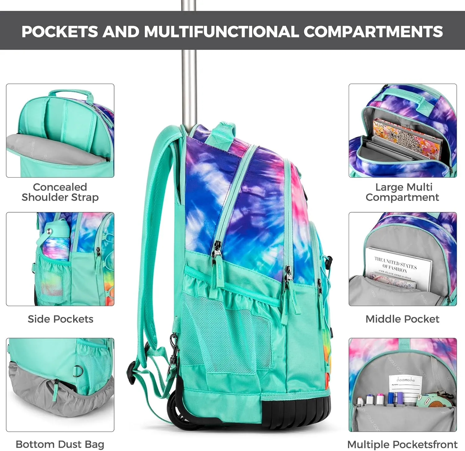 Choco Mocha Rolling Backpack for Girls, 18 Inch Roller Backpack for Middle School Bookbag with Wheels for Teen Girl, Galaxy Rolling Backpacks for Girls 8-12 with Lunch Bag Set, Purple