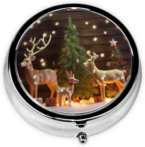 Christmas Trees Deer Pill Box Round Pill Case for Pocket Purse 3 Compartment Medicine Pill Organizer Cute Portable Travel Pillbox Vitamin Cod Liver Oil Storage Box Unique Gift Organizer