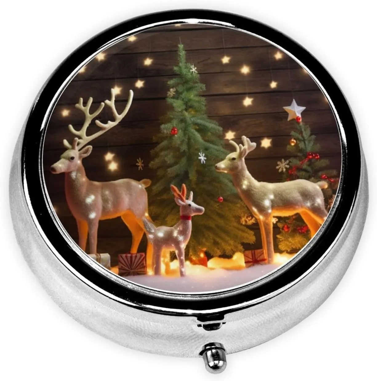 Christmas Trees Deer Pill Box Round Pill Case for Pocket Purse 3 Compartment Medicine Pill Organizer Cute Portable Travel Pillbox Vitamin Cod Liver Oil Storage Box Unique Gift Organizer