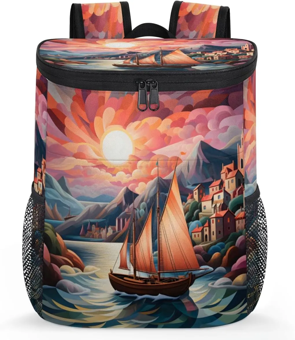 City Sailboat Seawater Small Cooler Backpack Insulated Waterproof Backpack Cooler for Women Leak Proof Soft Beach Cooler Bag Lightweight Ice Chest Picnic Backpack for Travel Camping